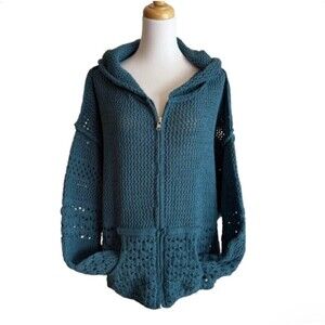 POL Oversized Knit Zip Hoodie L Teal Boho Indie Cottagecore Coastal Cardigan